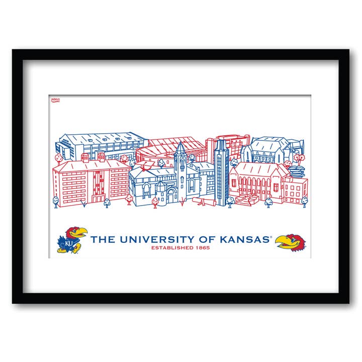 Kansas Jayhawks Gerahmte Campus-Linien-Wandkunst 11" x 14" für den Großhandel von Indigo Falls