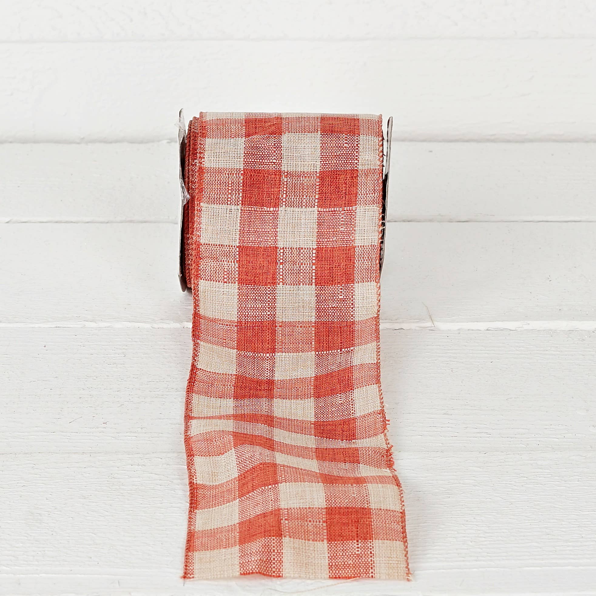 Holiday Depot Inc. - Wholesale Ribbon - Gift Wrapping - R32950-Wired Ribbon-Fabric-Orange/Cream Gingham (4inW)4