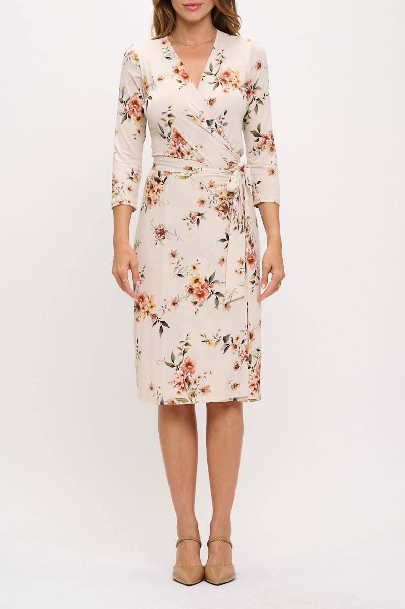 Beige Tillverkad i USA blommig Print V hals Jersey wrap klänning med slips för wholesale på Faire1