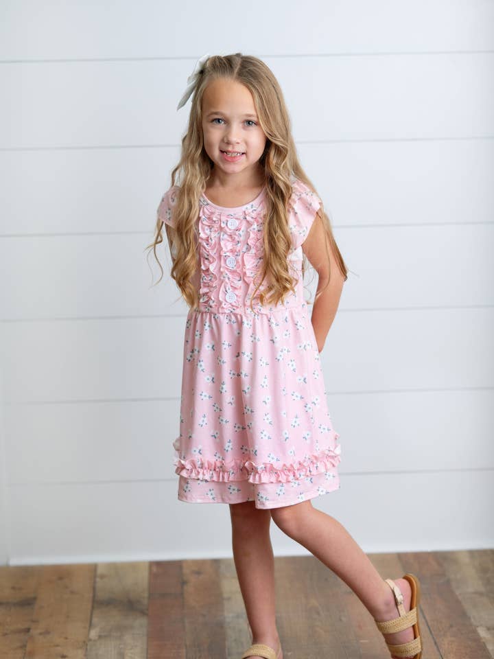 Kids Pink Blush Dainty Flower Button Ruffle Spring Dress for wholesale by Adorable Sweetness