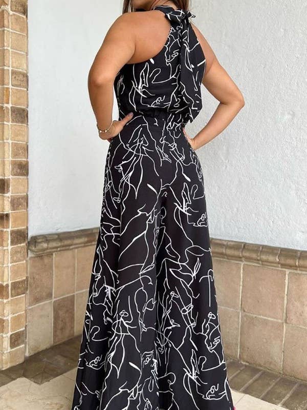 Rosa Clothing - Wholesale Jumpsuit - Women's - Halterneck Graphic & Ethnic Print Sleeveless Jumpsuit3