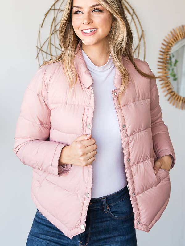 LONG SLEEVE COLLAR BUTTON DOWN PUFFER JACKET for wholesale by Pink Irene Wholesale