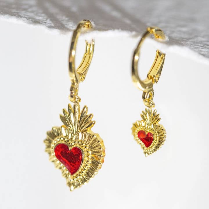 Mismatched Sacred Heart Earrings - Gold for wholesale by Fortune & Frame
