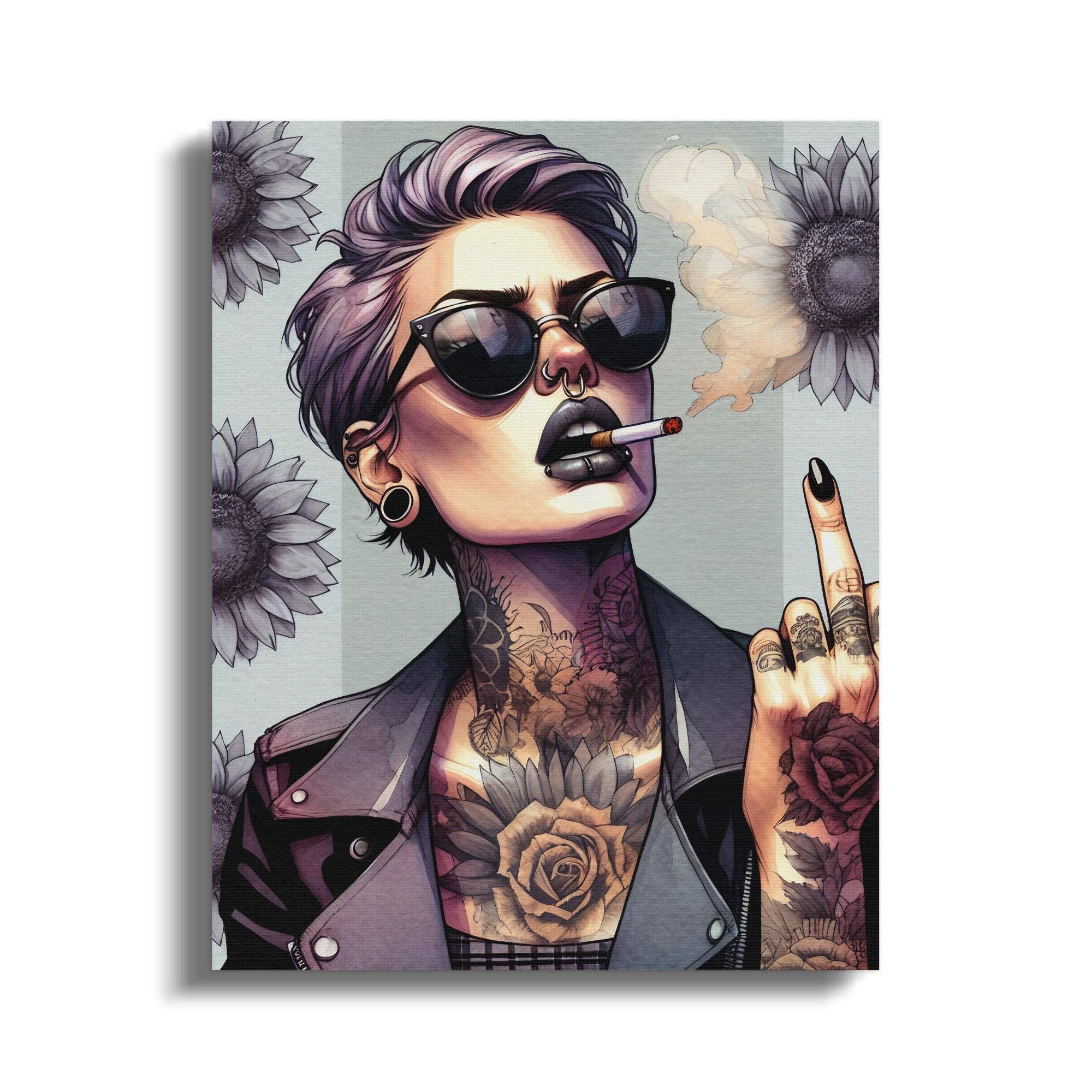 FreakyTeeFactory – Poster por atacado – Poster Edgy Punk Girl, Arte de Parede de Mulher Tatuada, Arte de Cabelo Roxo, Impressão em Tela de Fumaça e Atitude, Decoração de Casa Street Style, Ideia para Presente6
