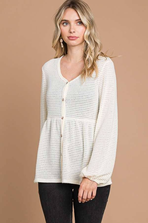 Culture Code - Wholesale Knit Top - Women's - CHT1821L - BUTTON DOWN RUCHING DETAIL LSLV TOP16