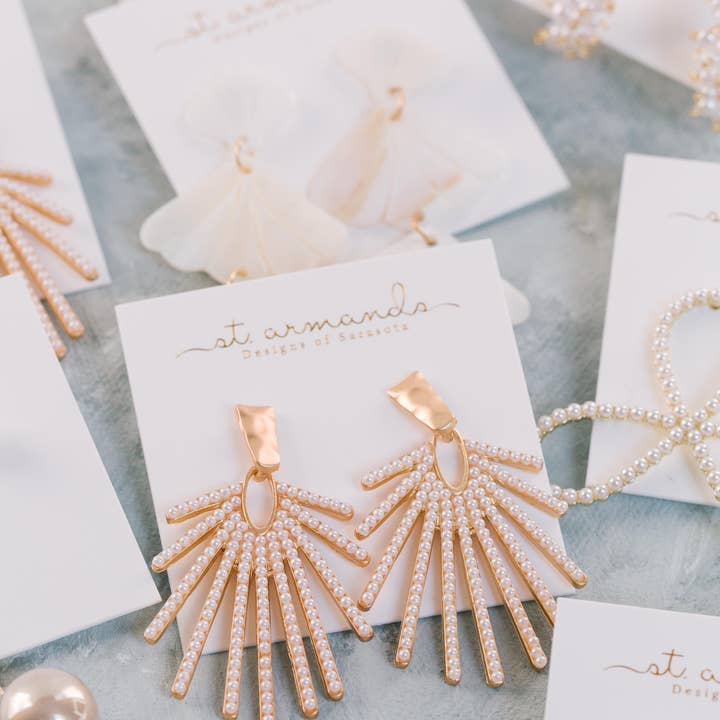 St Armands Designs of Sarasota - Wholesale Dangle Earrings - Pearl Sunburst Statement Drop Earrings