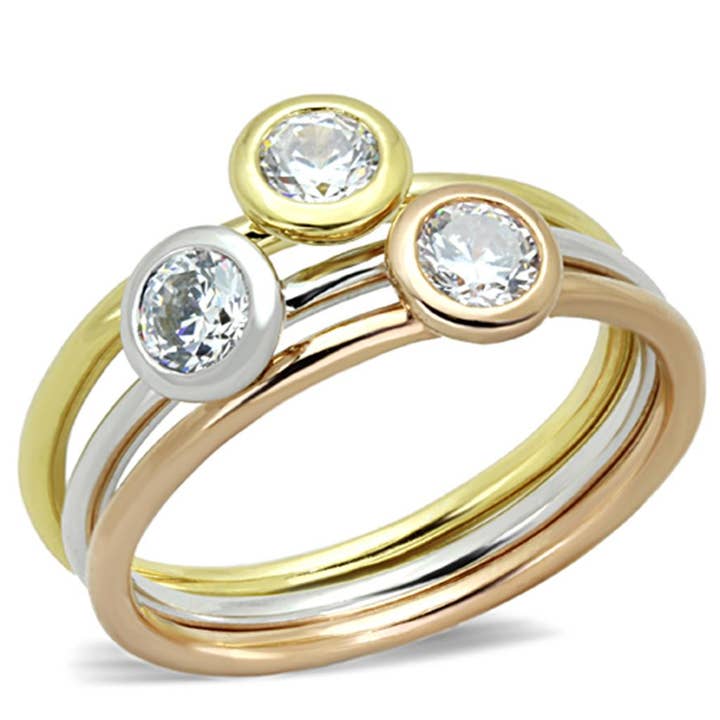 3W804 - Rhodium + Guld + Rose Gold Mässing Ring med AAA Grade CZ i Klart för wholesale av Alamode