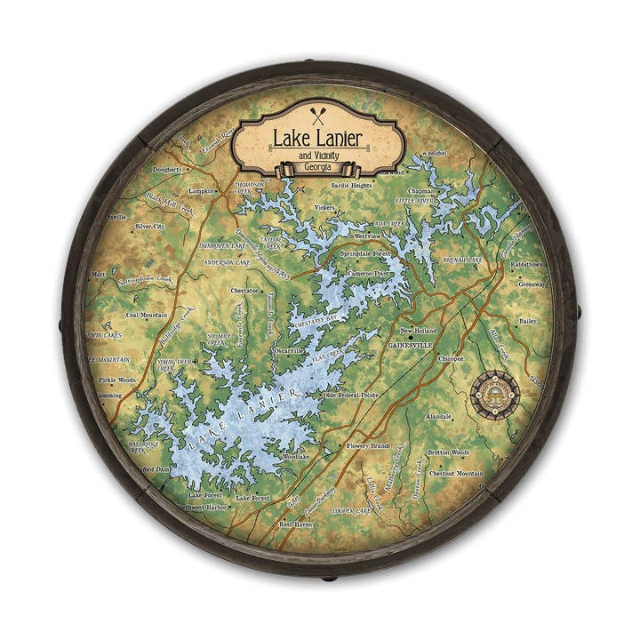 Lake Lanier, Georgia: Illustrated Map - Barrel End for wholesale by Old Wood Signs