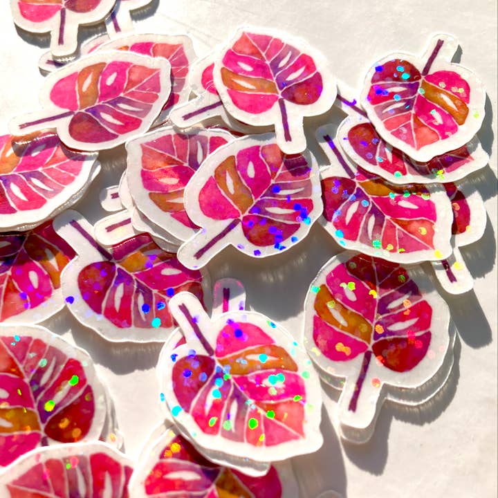 Roze ministickers met botanische bladeren in waterverf van Monstera voor wholesale door stickersbyjodi