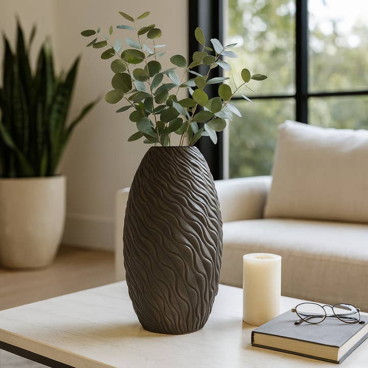 Decorative Vase - Brown Ceramic Wavy Textured, 19 in. for wholesale by Elevarre