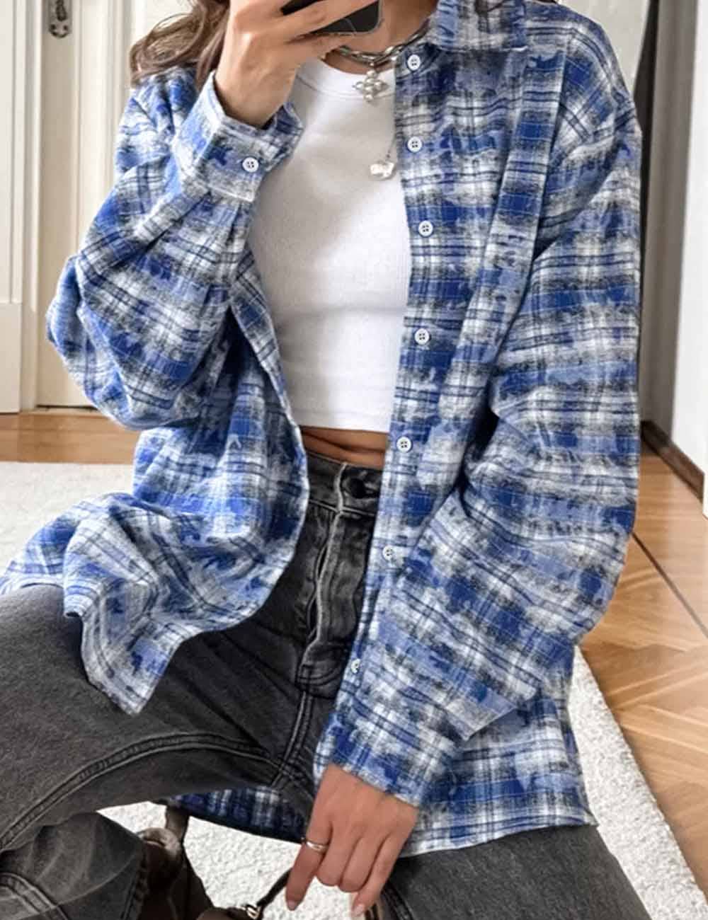 Dipped Shop - Wholesale Button Down Shirt - Women's - Vintage Plaid Long Sleeve Loose Shirt DP25E5581