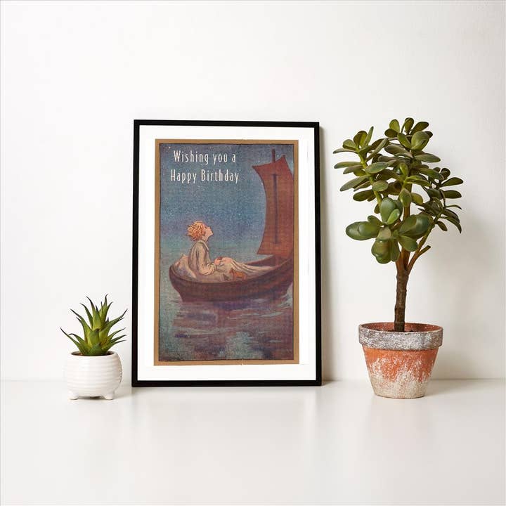 Found Image Press – Großhandel Kunstdruck – Kunstdruck HB-394 Alles Gute zum Geburtstag, kleiner Prinz im Segelboot