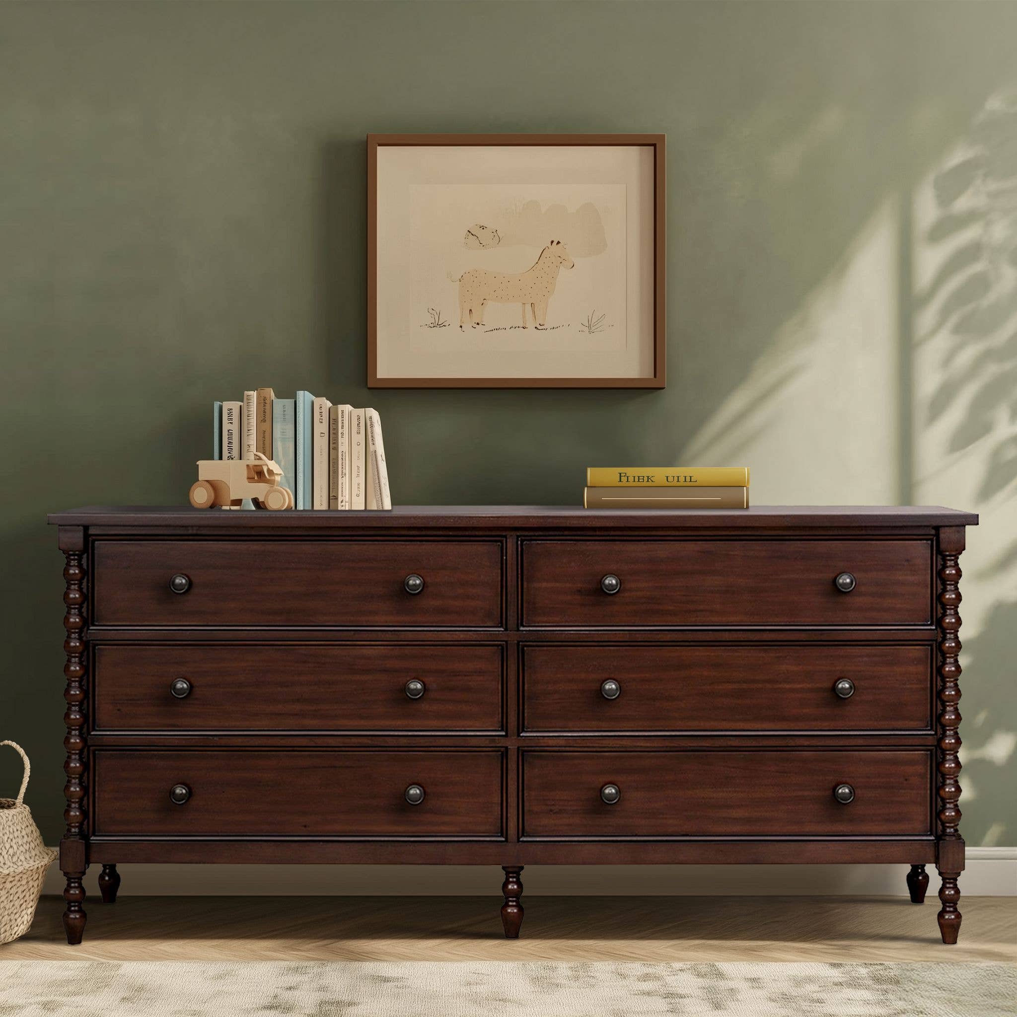 Olliix - Wholesale Cabinet - 70"W 6-Drawer Large Spindle Wood Dresser, Morocco Brown *3