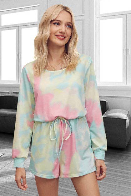 Supreme Fashion - Wholesale Lounge Set - Women's - Tie Dye Long Sleeves Loungewear Drawstring Romper