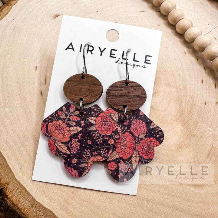 Autumn Floral Scalloped Cork + Leather Wood Earrings for wholesale by Airyelle Designs