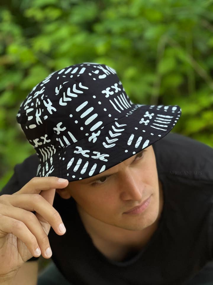 Bucket hat / Fisherman hat with African print - Black / white Bogolan - Kids & Adults sizes (Unisex) for wholesale by AfricanFabs