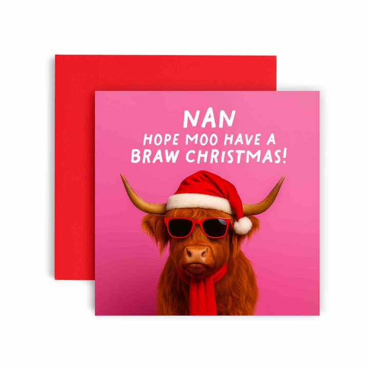 Braw Cow Scottish Christmas Card Nan for wholesale by Huxters