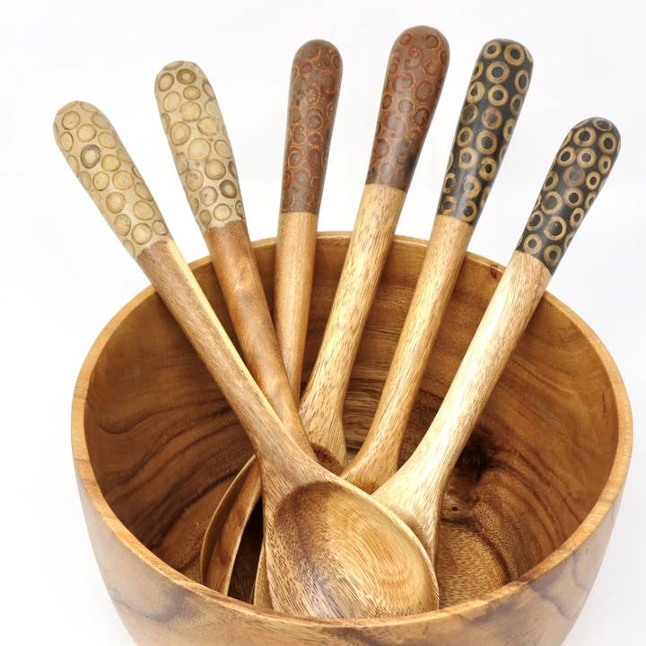 Salad servers with bamboo, coconut, or cinnamon inlay for wholesale by Fair Together