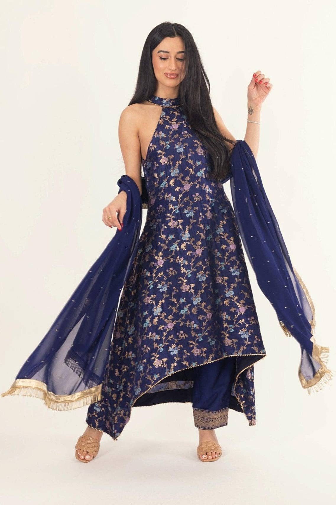 Navy Lazuli Blue Banarasi Silk Salwar Kameez Set with Halter Neck for wholesale on Faire6