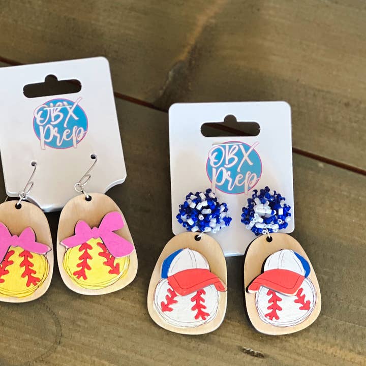 Softball Coquette w Bow Hand Painted Wooden Dangle Earrings for wholesale by OBX Prep