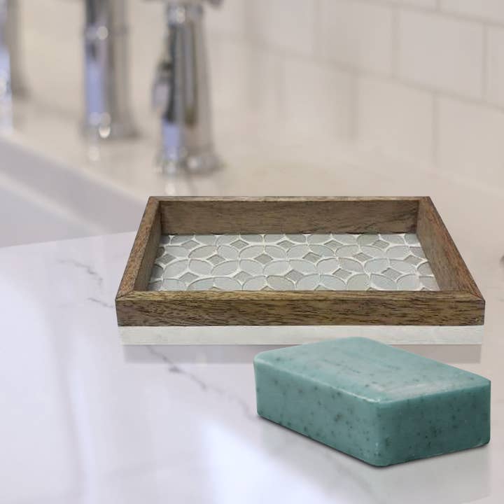 nu steel - Venta al por mayor Platitos para jabón de baño - Jabonera Trillium en mosaico nacarado y madera