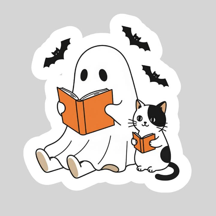 Purely Bookish - Wholesale Sticker - Cute Halloween Ghost Reading WIth Kitty Cat β 3" Waterproof Bookish Sticker with Holo Overlay β Reading, Books, Reader Gift, Book Lover