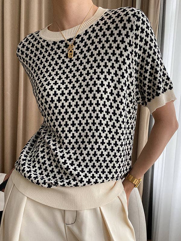 BLACK Half Sleeves Houndstooth Round-Neck Sweater Tops for wholesale on Faire1