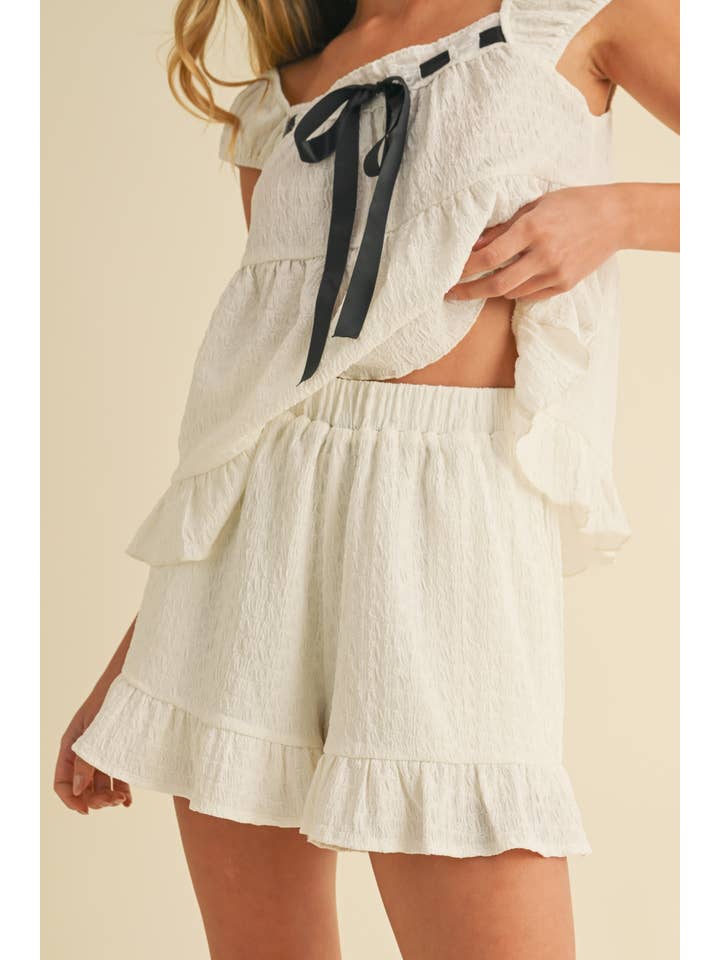 Klesis - Wholesale Lounge Set - Women's - IST5888 CONTRAST RIBBON RUFFLED HEM TOP AND SHORTS SET19