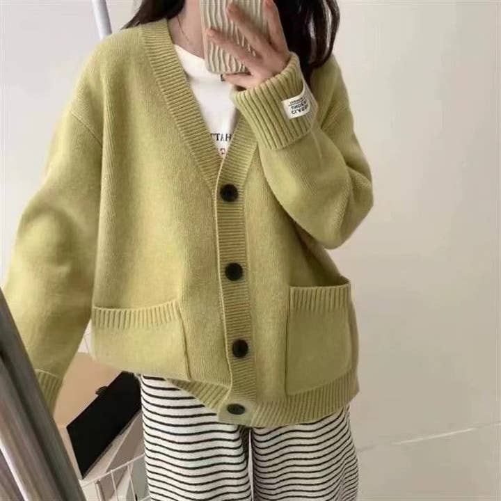 UZ Wholesale Store - Wholesale Cardigan - Women's - Vintage Loose Fit Rolled Sleeve Patch Pocket Cardigan Sweater