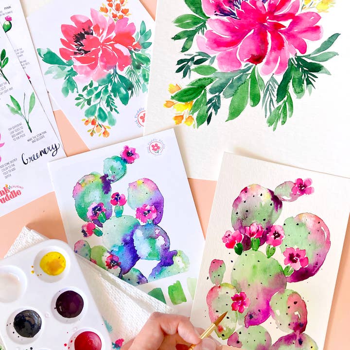 Pink Puddle Studio - Wholesale DIY Craft Kit - Prickly Pear Cactus & Peony Flowers Watercolor DIY Paint Kit0