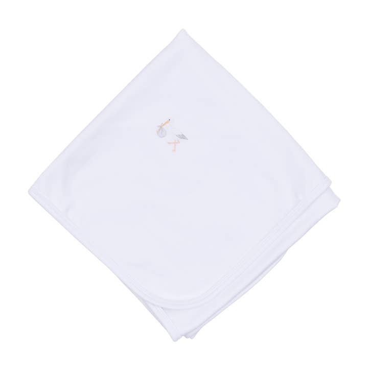 Vintage Stork Receiving Blanket - White for wholesale by Magnolia Baby