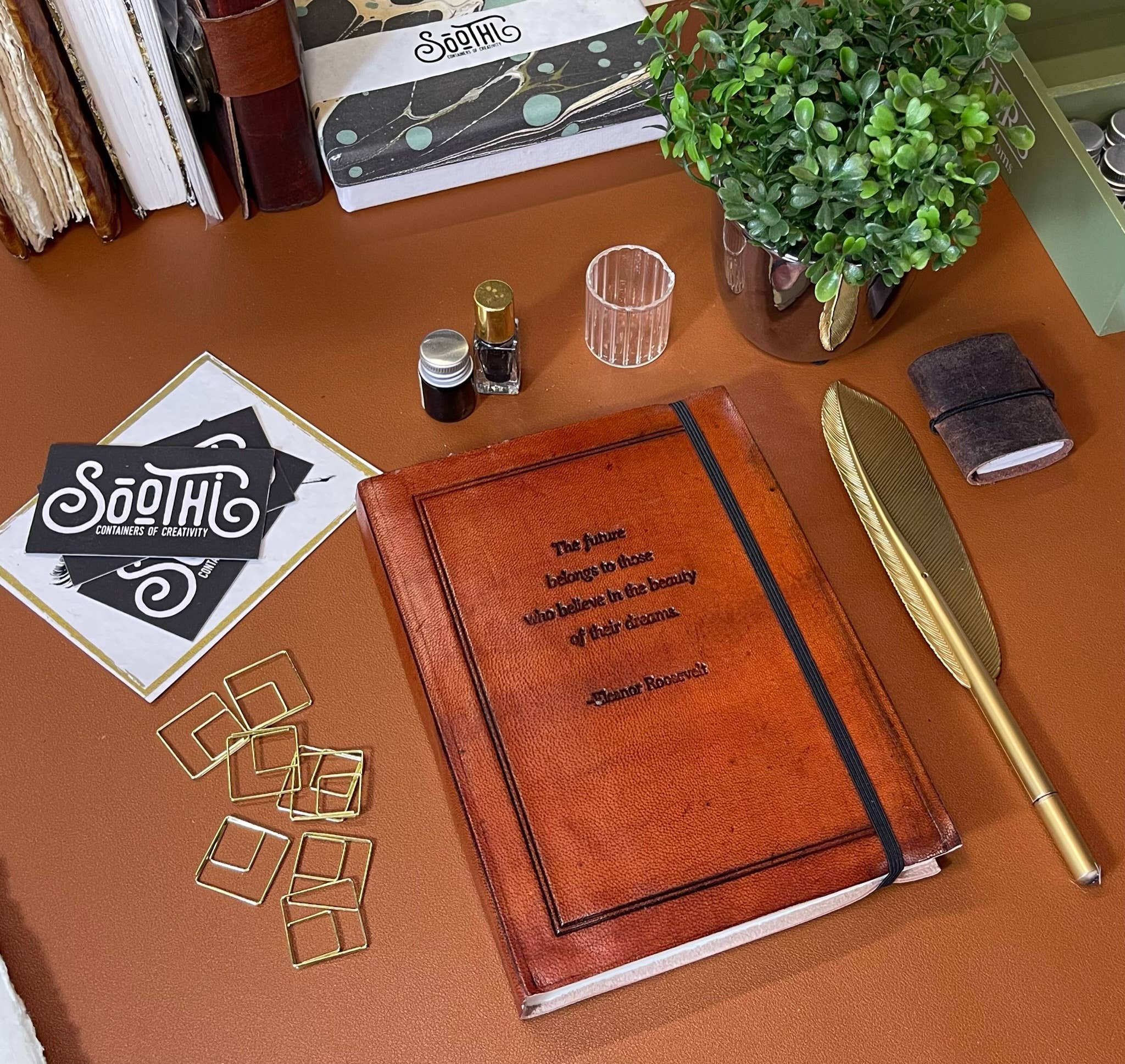 Soothi | Containers Of Creativity - Wholesale Journal/Diary - The Future Belongs, Eleanor Roosevelt Leather Journal - 8x61