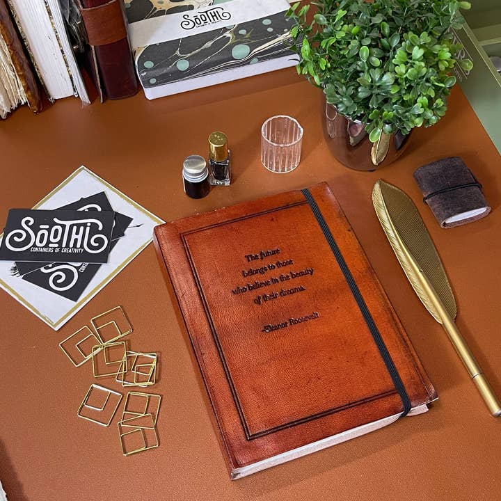 Soothi | Containers Of Creativity - Wholesale Journal/Diary - The Future Belongs, Eleanor Roosevelt Leather Journal - 8x61