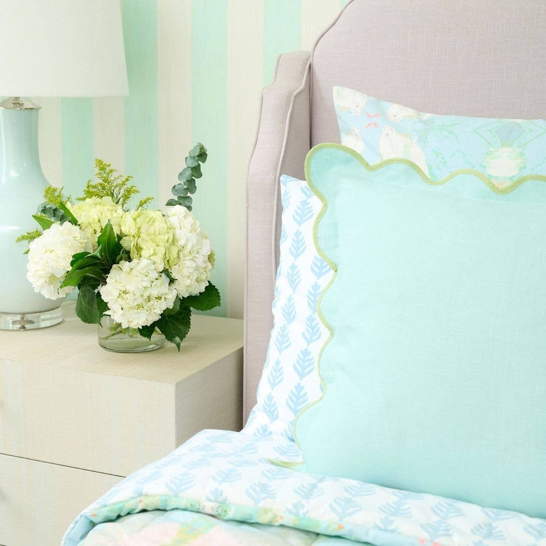 Laura Park Designs - Wholesale Throw/Decorative Pillow - Charlotte Scalloped Linen Pillows Blue with Green Trim, SumnerEdit1