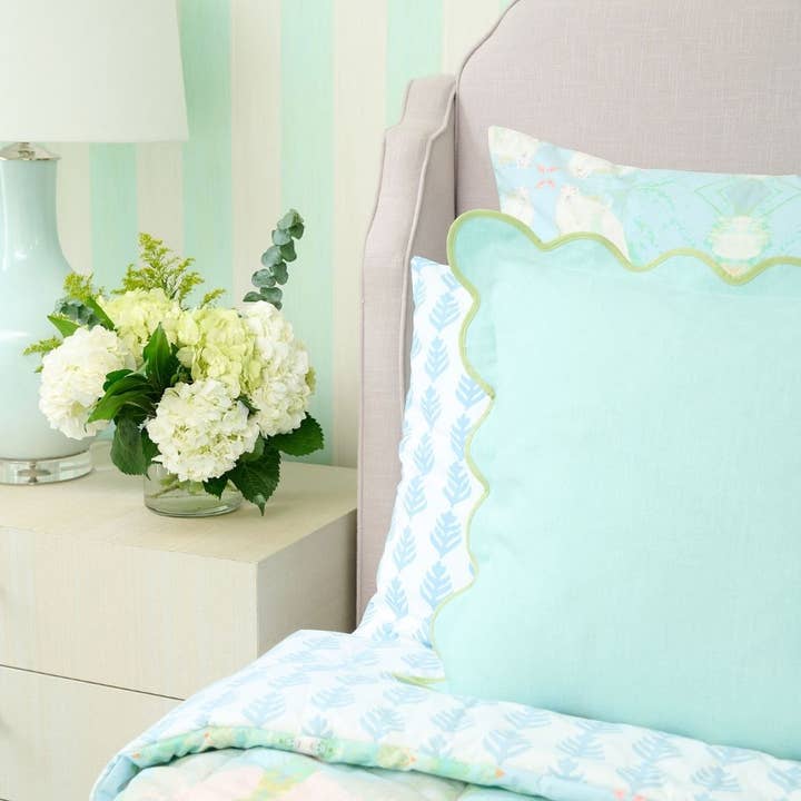 Laura Park Designs - Wholesale Throw/Decorative Pillow - Charlotte Scalloped Linen Pillows Blue with Green Trim, SumnerEdit1
