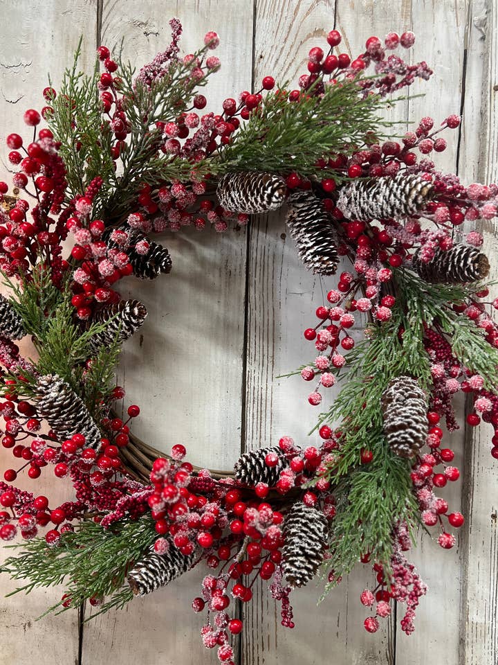 Snow Covered Red Berry Wreath for wholesale by Wholesale Home Decor