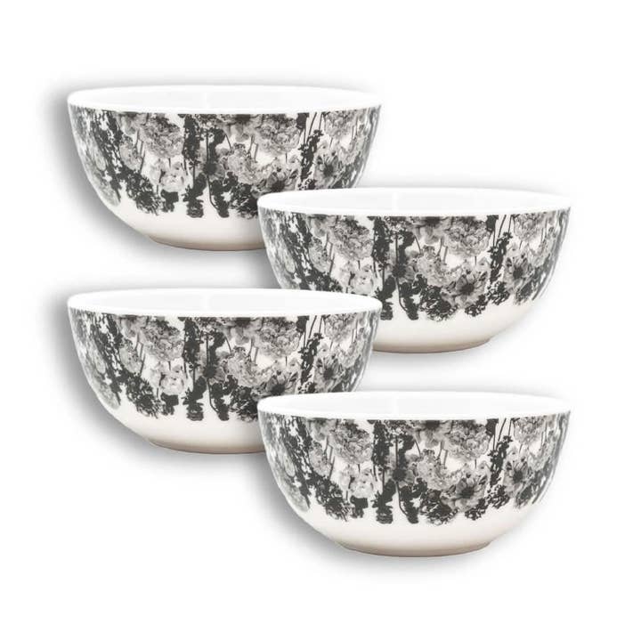 Set di 4 ciotole in melamina con motivo floreale in scala di grigi per la vendita all'ingrosso da parte di Elizabeth Sutton Home