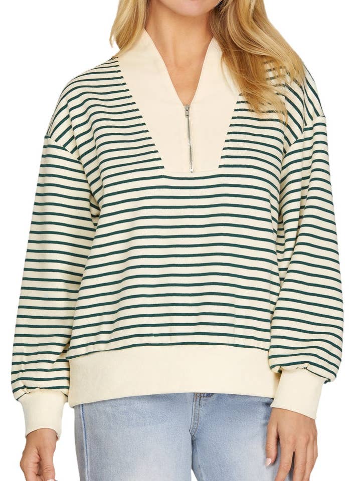 Camisola de Manga Comprida com Fecho de Meio Zíper e Risca por atacado de Vanilla Monkey