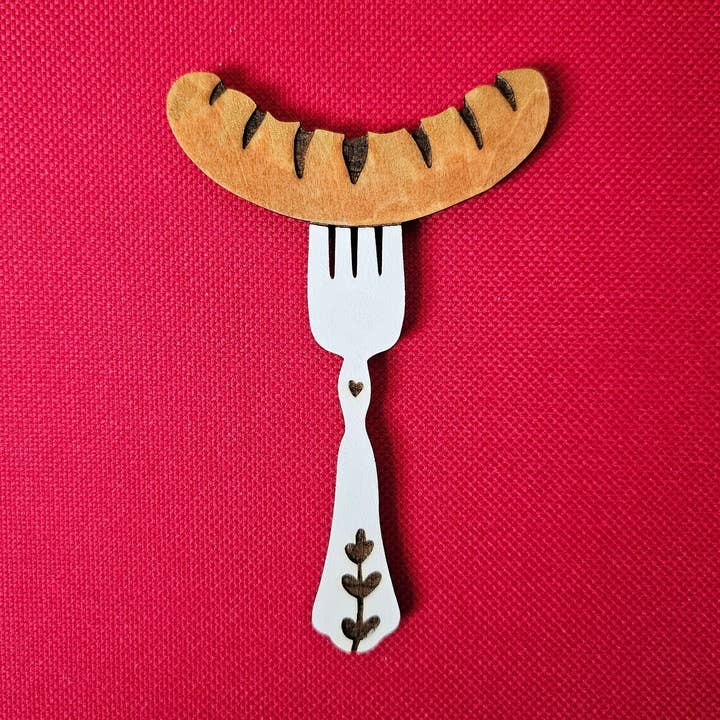 Laser Engraved Sausage on Fork Wood Magnet for wholesale by Pole Cat Club