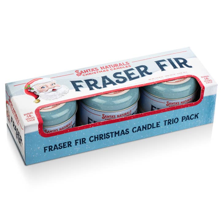 Christmas Candle in Fraser Fir 3.5oz Mini Trio ($10 each) for wholesale by Santa's Naturals