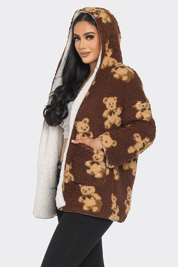 Lime All the Time - Wholesale Jacket - Women's - Teddy Bear Pattern Fluffy Fuzzy Fur Hoodie Jacket10