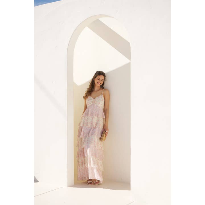 in february - Wholesale Dress - Women's - ROMANTIC FLORAL TIERED MAXI DRESS WITH RUCHED BUST