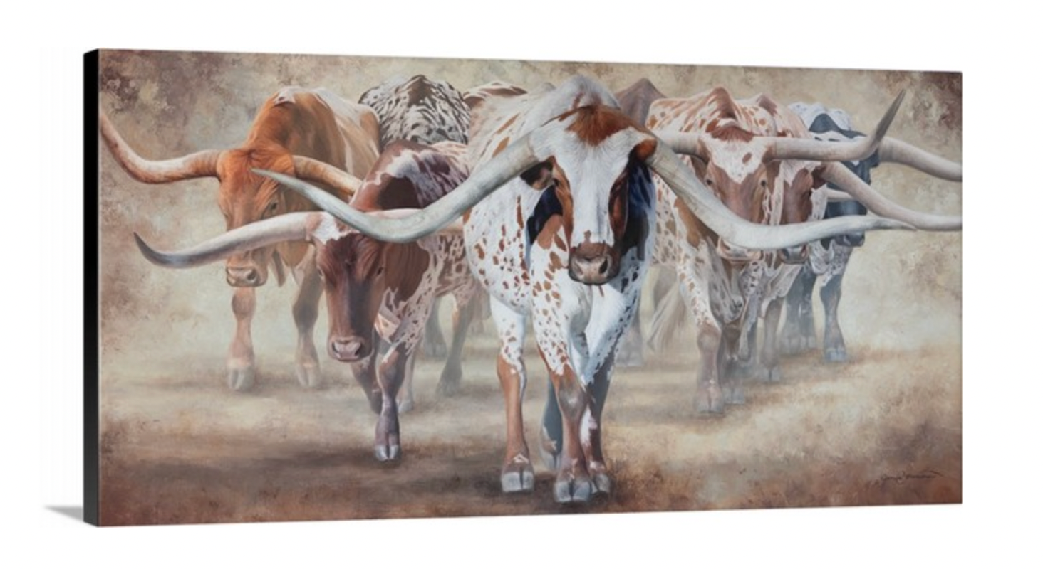 James Corwin Fine Art - Vente Affiche d'art - Impression sur toile Western Trail Boss - Texas Longhorn Cattle Art2