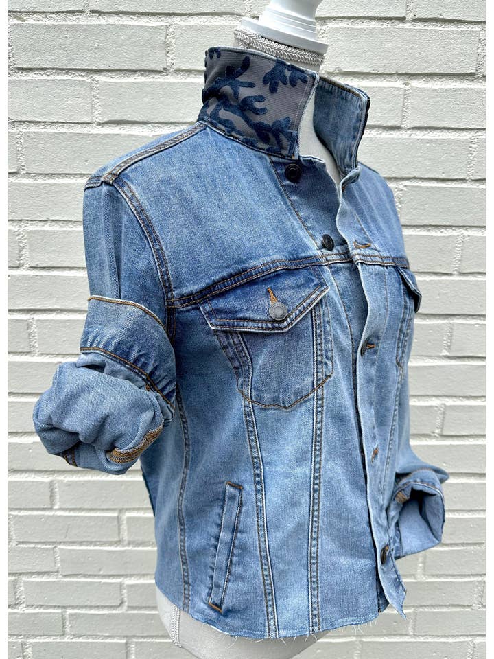 Stevie Denim Jacket - Denim w Blue Velvet Coral for wholesale on Faire