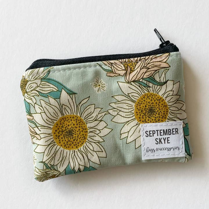 Mini coin purse in indy bloom sunflower aqua for wholesale by September Skye Bags & Accessories