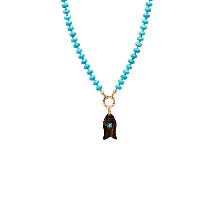 Turquoise Marquise Natural Stone Fish Pendant & Beaded Clicker Necklace for wholesale by By Adina Eden