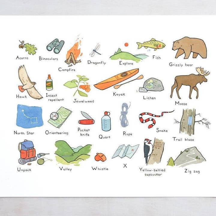 Camping Nursery Alphabet Print, Hiking Illustration for wholesale by Studio Tuesday