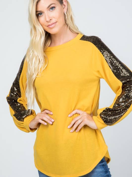 Børstet sweater sekvens kontrastærmet top for engroshandel hos Rose Mellow Fashion