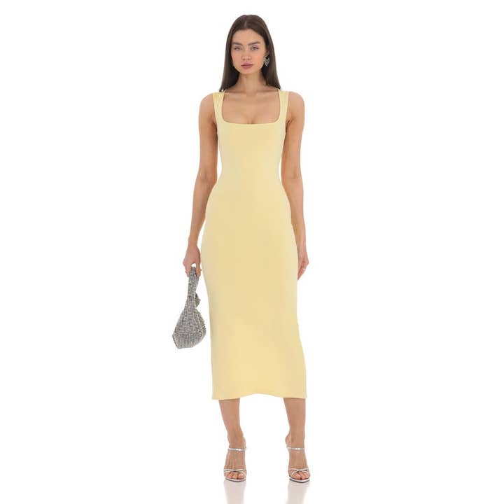 Lucy In The Sky - Wholesale Dress - Women's - Square Neck Bodycon Midi Dress in Yellow