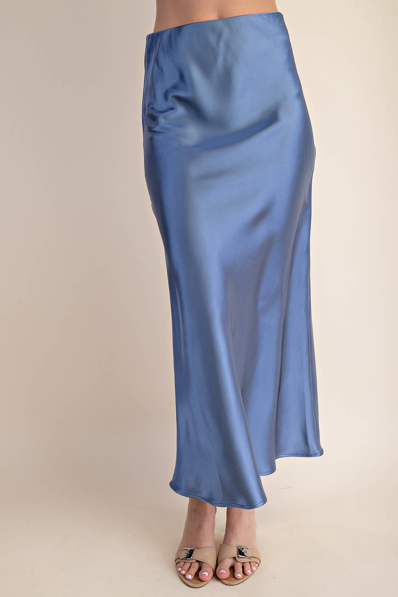 Glam - Wholesale Skirt - Women's - Waist Elastic Band Midi Satin Skirt7